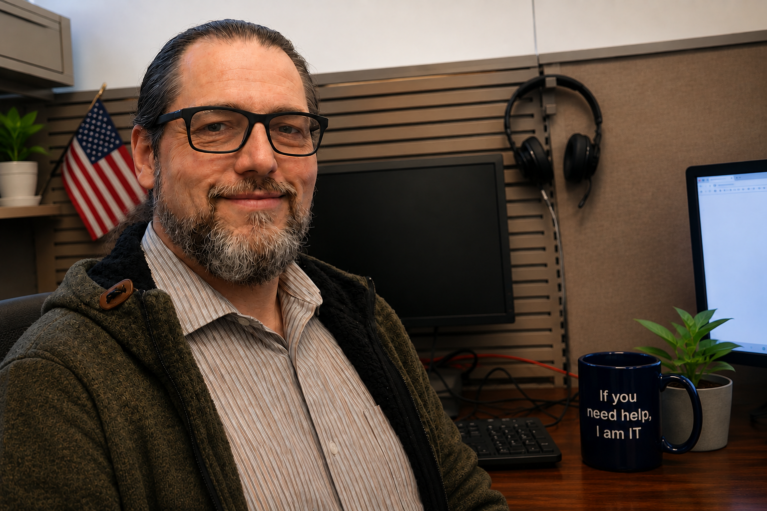 Tom Backus smiling at his desk with computer equipment and a mug that reads, If you need help, I am IT.